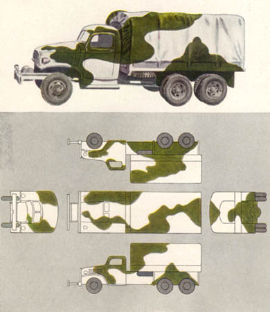 [FIGURE 40 (1) and (2). White and olive drab for backgrounds of snow and trees. An equally effective scheme is black and white. In snow, countershading is not necessary.]